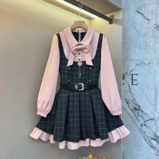 连衣裙 减龄胖妹妹显瘦中长款 加肥女拼色翻领长袖 假两件淑女裙韩版