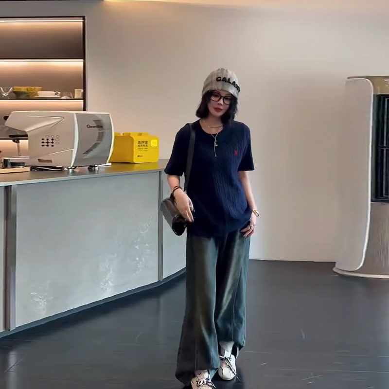 大码女装圆领短袖麻花纹针织衫