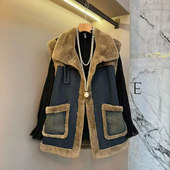 女装 法式 气质冬季 胖MM显瘦羊羔毛内里牛仔马甲加肥大码 款 洋气坎肩
