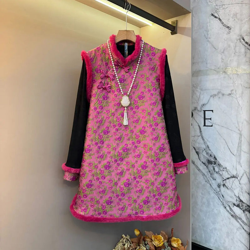 拼色袖口打底衫立领花纹马甲裙