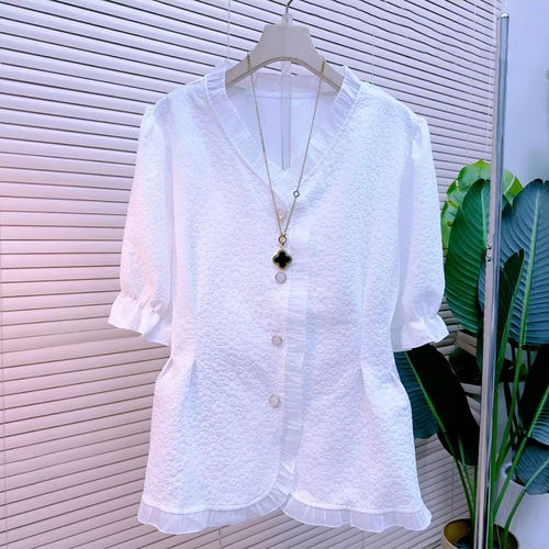 胖妹妹V领荷叶边短袖小衫