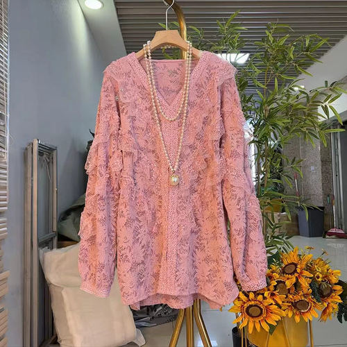 加大码女装V领飞边长袖上衣胖妹妹宽松休闲甜美减龄水貂绒蕾丝衫