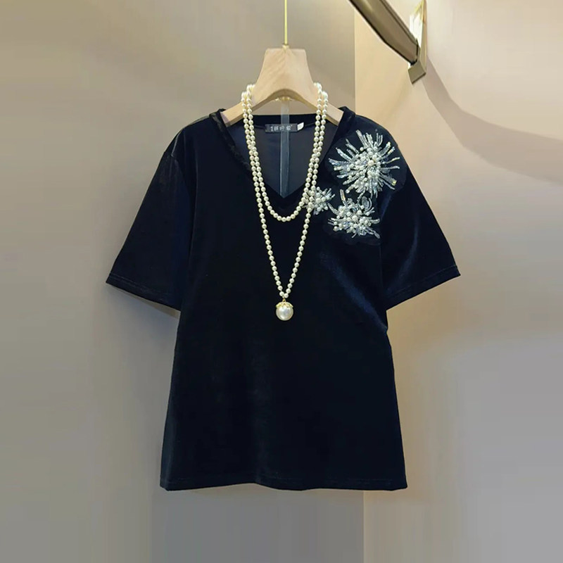 大码女装钉珠亮钻花V领小衫气质轻熟风显瘦宽松遮肚子胖妹妹上衣,女装/女士精品,大码内搭,淘宝优惠券,粉丝福利购,淘宝优惠卷