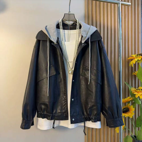 大码女装加肥连帽长袖皮衣