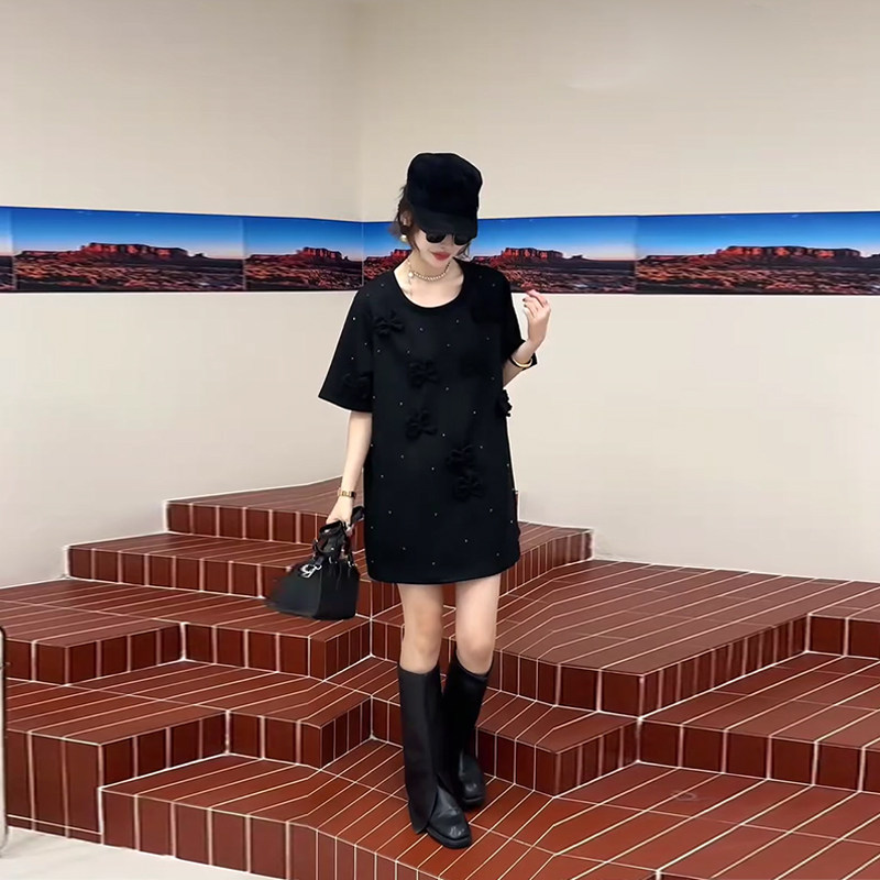 大码女装圆领短袖亮钻上衣