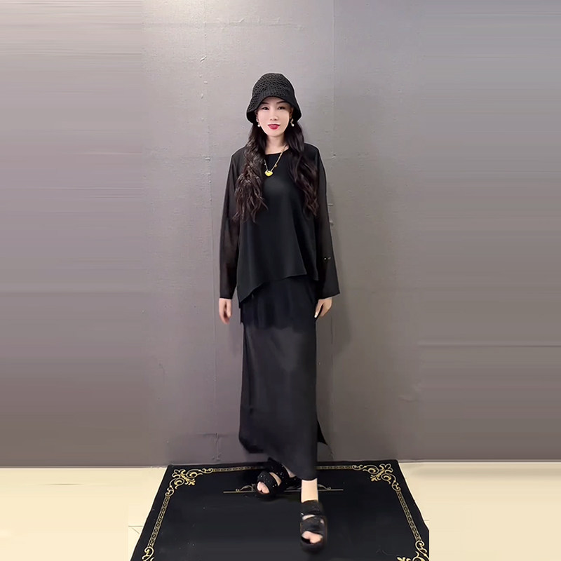 加大码女装后背拼蕾丝长袖上衣胖妹妹黑色显瘦夏季款松紧腰半身裙