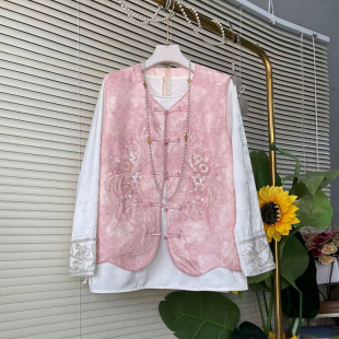 口小衫 设计感时尚 加肥大码 法式 盘扣暗花国风马甲 女装 胖妹妹拼色袖