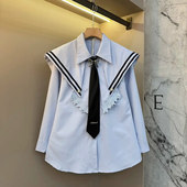 女装 翻领披肩拼色边长袖 衬衫 加大码 学院风宽松胖妹妹韩版 休闲上衣