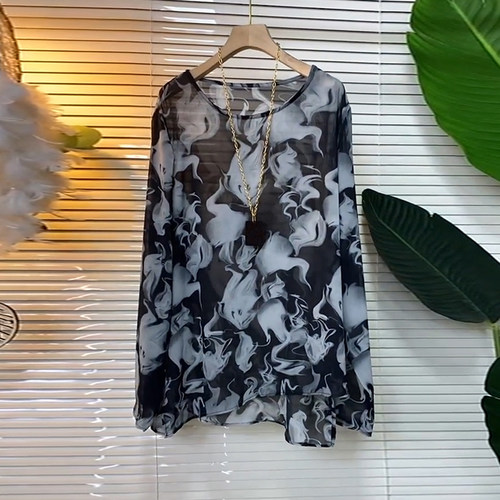 大码圆领长袖防晒雪纺衫