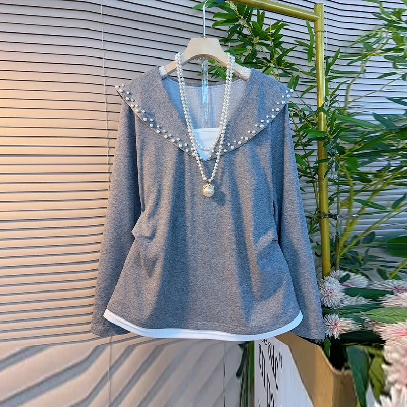 大码女装披肩领钉珠边拼色底摆上衣胖妹妹韩版气质显瘦设计感小衫,女装/女士精品,大码内搭,淘宝优惠券,粉丝福利购,淘宝优惠卷