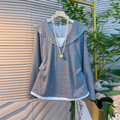 大码 气质显瘦设计感小衫 女装 披肩领钉珠边拼色底摆上衣胖妹妹韩版