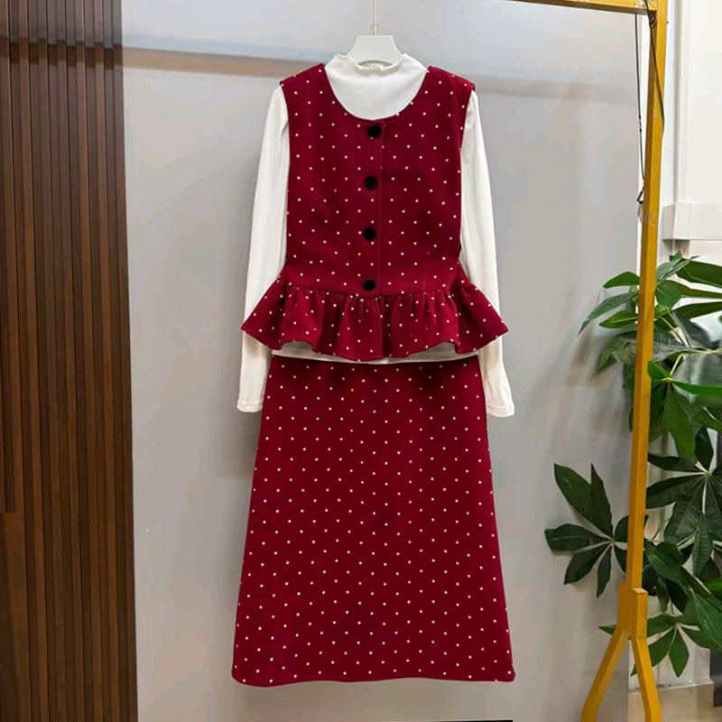 大码女装立领长袖打底衫点点马甲半身裙胖妹妹韩版减龄显瘦三件套,女装/女士精品,大码套装,淘宝优惠券,粉丝福利购,淘宝优惠卷