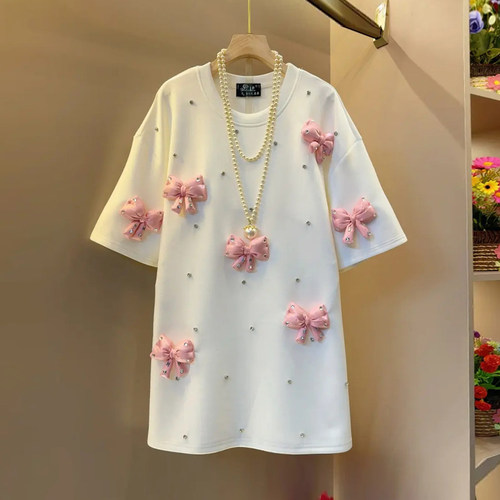 胖妹妹拼色蝴蝶结圆领短袖上衣