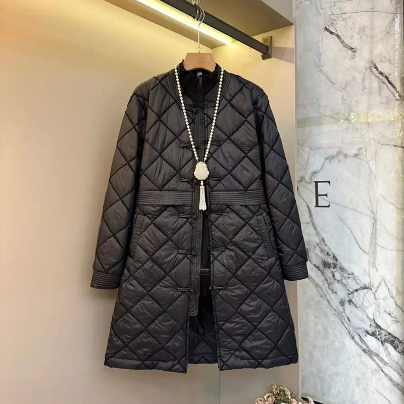 加肥立领盘扣中长款夹棉外套