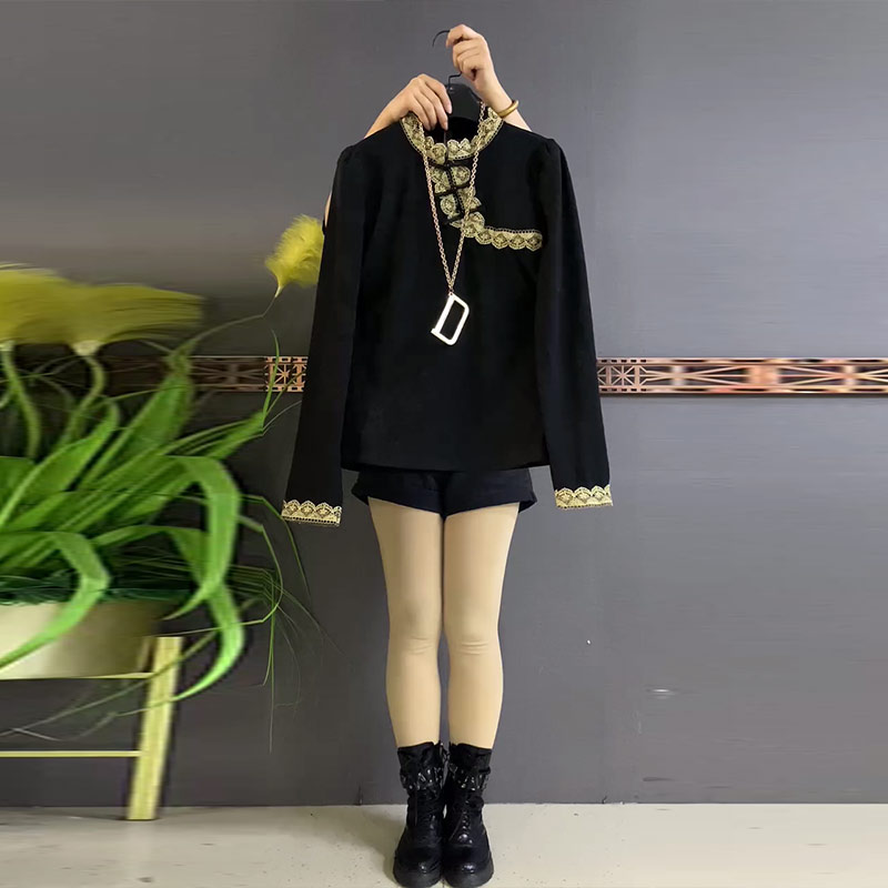 立领蕾丝边盘扣长袖国风上衣