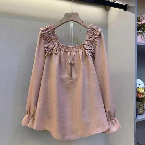 方领荷叶肩微喇袖口小衫