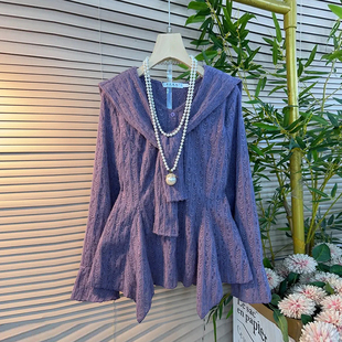 加肥女披肩领长袖 胖妹妹小众设计甜美减龄淑女风上衣 收腰蕾丝小衫