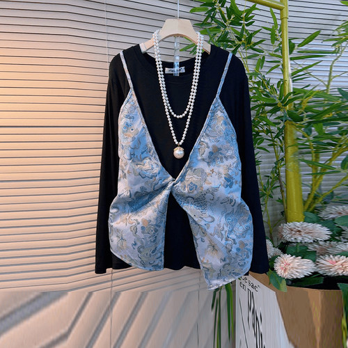 拼花纹吊带假两件上衣