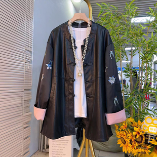 大码女装拼色袖口蝴蝶长袖PU皮盘扣外套胖妹妹欧洲站洋气显瘦上衣