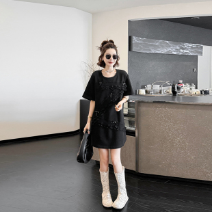 黑色显瘦休闲大衫 女装 上衣宽松遮肚子大码 胖妹妹加肥拼荷叶条短袖