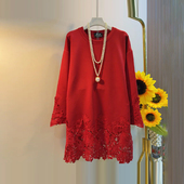 减龄百搭休闲大衫 女装 上衣宽松遮肚子大码 加肥胖MM拼蕾丝底摆长袖