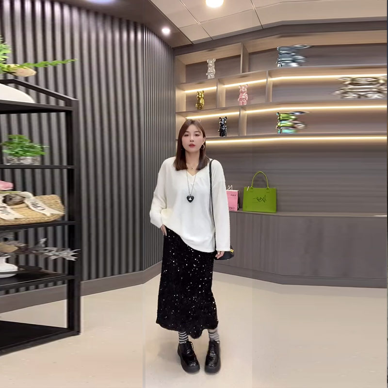 V领长袖净版上衣长款半身裙套装