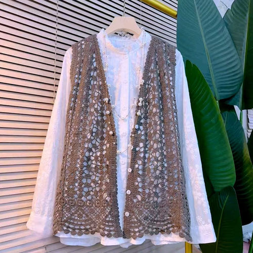 长袖立领衬衫V领镂空勾花马甲