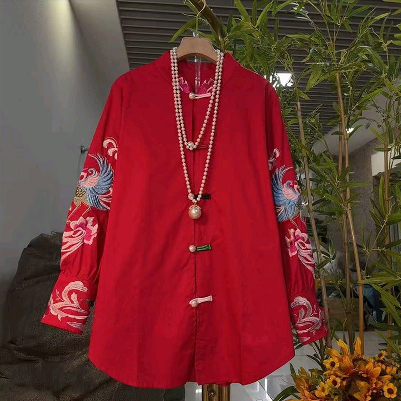 大码女装立领彩色盘扣刺绣长袖衬衫胖MM复古风宽松遮肚子百搭上衣,女装/女士精品,大码内搭,淘宝优惠券,粉丝福利购,淘宝优惠卷