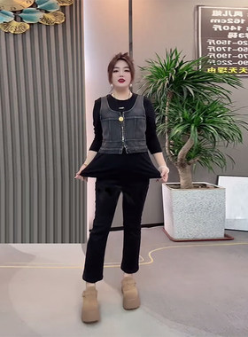 拼接拉链牛仔马甲假两件上衣小衫