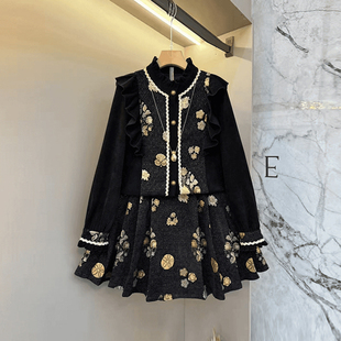 法式 女装 气质设计感洋气两件套 外套百褶短裙大码 胖妹妹荷叶肩长袖