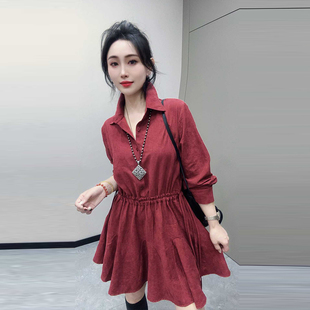 加肥女翻领收腰抽绳衬衫裙胖妹妹气质减龄设计感洋气春秋款连衣裙