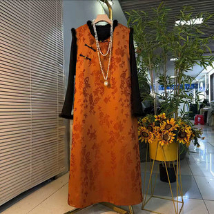 立领盘扣暗花国风马甲裙胖MM新中式 大码 口打底衫 毛边袖 两件套 女装