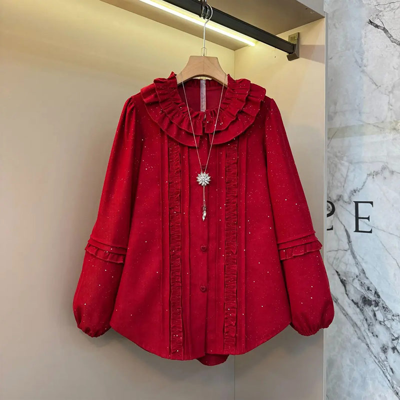 压褶领松紧腰袖口小衫