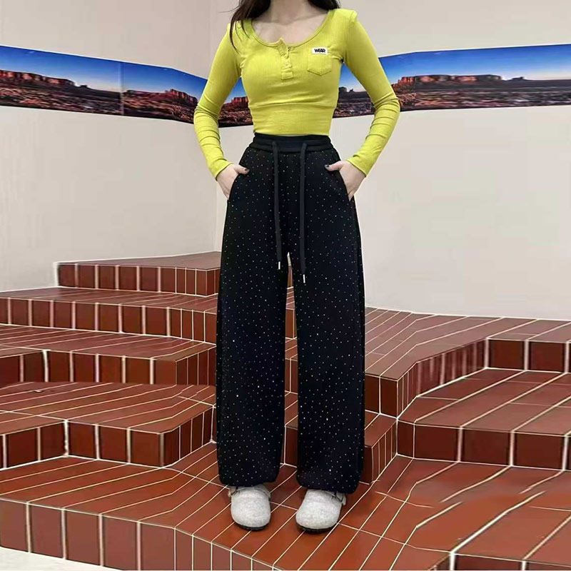 胖妹妹松紧腰系带亮钻阔腿长裤大码女装宽松遮胯百搭韩版弯刀裤子,女装/女士精品,大码裤装,淘宝优惠券,粉丝福利购,淘宝优惠卷