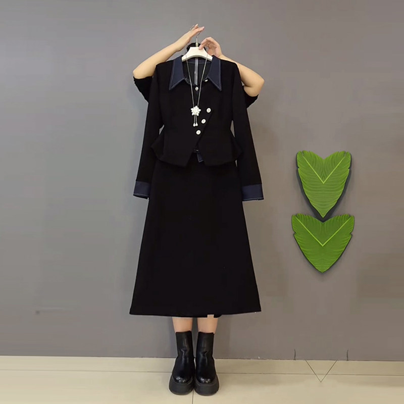 胖MM洋气翻领长袖上衣半身裙加肥大码女装黑色显瘦气质通勤两件套,女装/女士精品,大码套装,淘宝优惠券,粉丝福利购,淘宝优惠卷