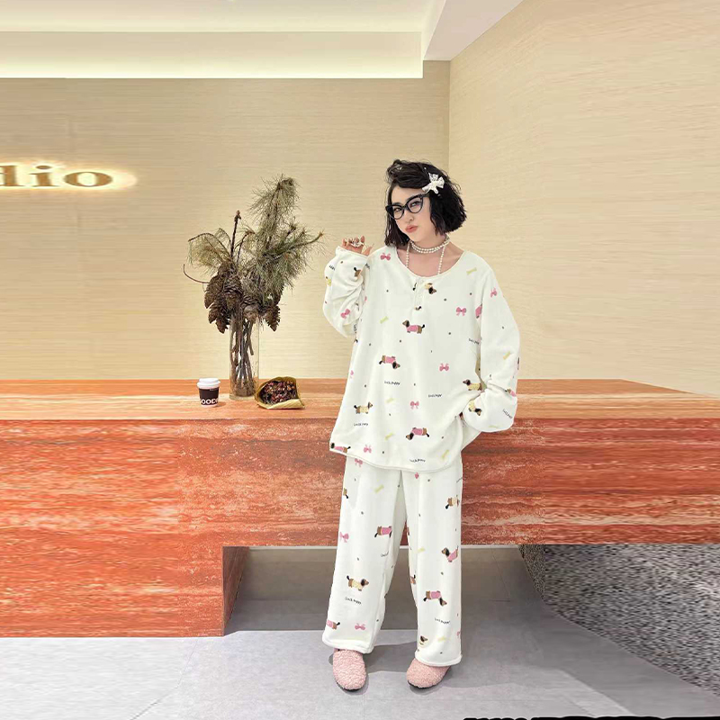 长袖卡通图案上衣阔腿长裤两件套