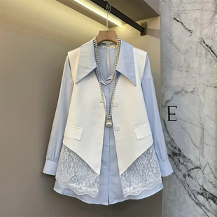 衬衫 加肥大码 女装 翻领长袖 小众设计洋气拼蕾丝底摆马甲 胖妹妹时尚