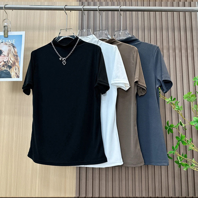 플러스 사이즈 플러스 사이즈 여성 캐주얼 다용도 심플 탑 뚱뚱한 소녀들이 배를 덮을 수 있는 하프 터틀넥 솔리드 컬러 반팔 바닥 셔츠