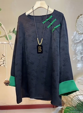 加大码女装圆领盘扣暗花复古风拼接袖口黑色百搭上衣胖妹妹打底衫