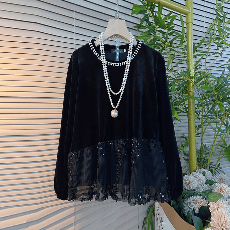 加肥大码女装钉珠领长袖上衣胖妹妹气质轻熟风宽松遮肚子百搭小衫,女装/女士精品,大码内搭,淘宝优惠券,粉丝福利购,淘宝优惠卷