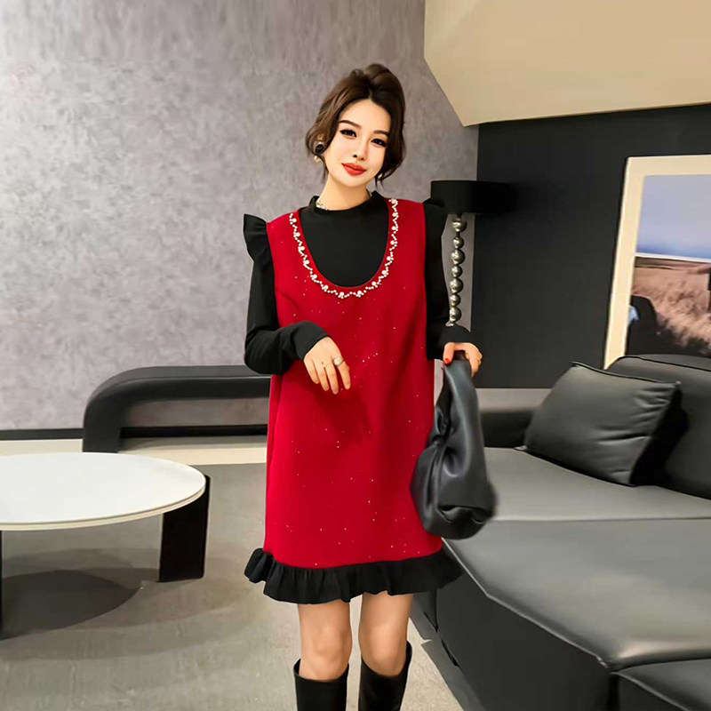 加肥女立领长袖打底衫荷叶肩马甲裙胖妹妹韩版气质减龄显瘦两件套