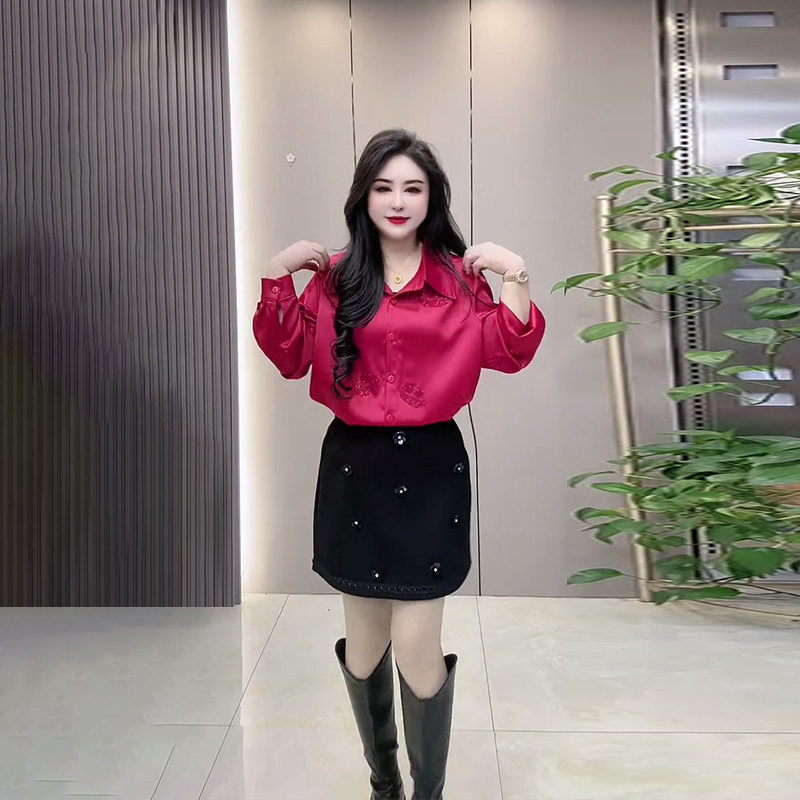 大码女装翻领长袖印花衬衫