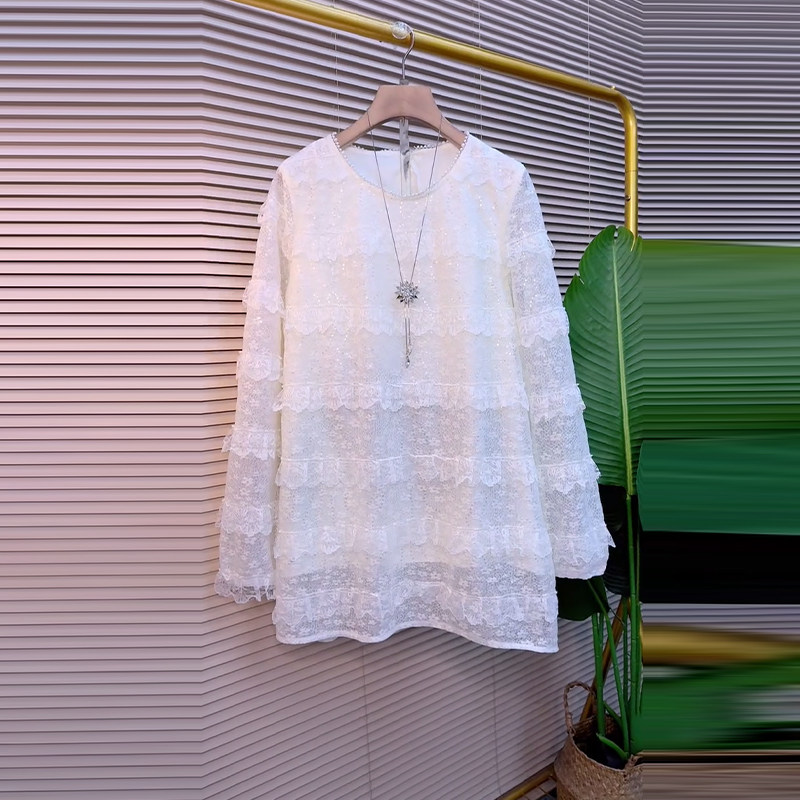 大码女装圆领长袖蕾丝小衫