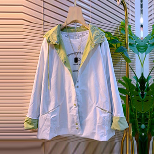 胖MM加肥拼色连帽长袖外套2026早春新款大码女装韩版百搭开衫上衣