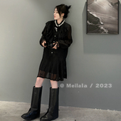 女装 领口钉珠中长款 连衣裙胖MM时尚 大码 性感洋气法式 赫本风小黑裙