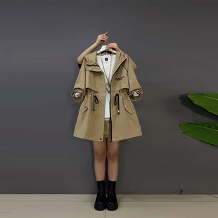 加肥连帽长袖收腰风衣外套胖妹妹中长款2026早春新款时尚通勤上衣