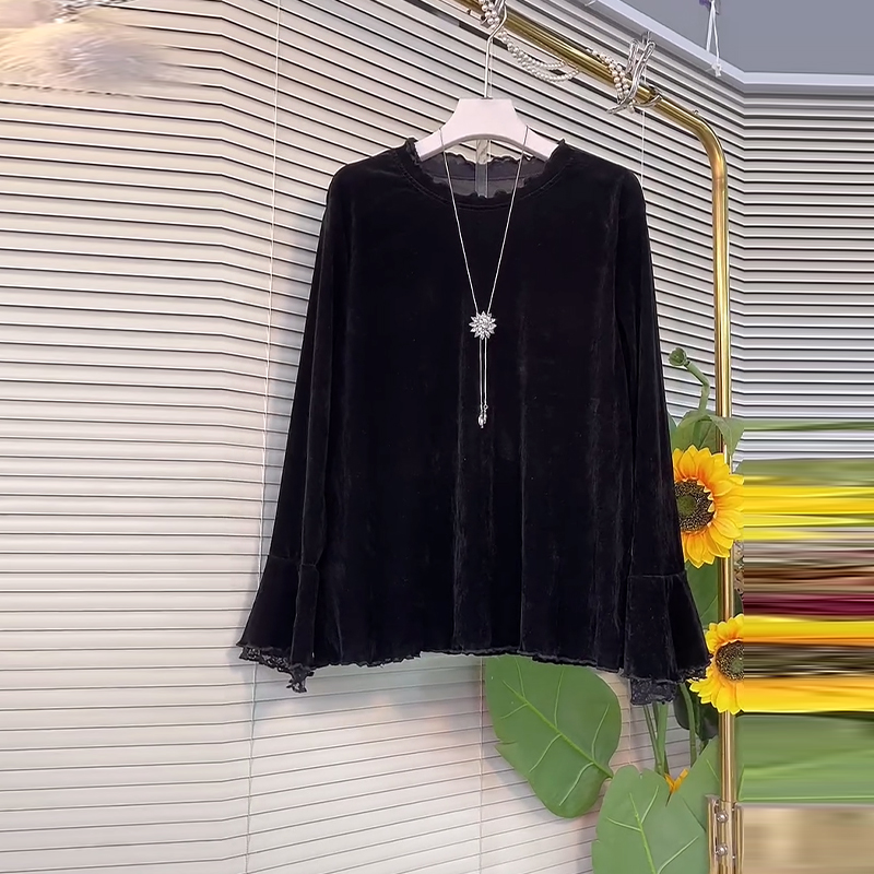 大码女装蕾丝边长袖丝绒小衫