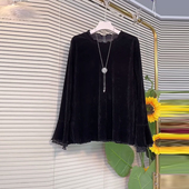 丝绒小衫 加肥大码 女装 胖妹妹蕾丝边长袖 复古风秋冬款 黑色百搭上衣