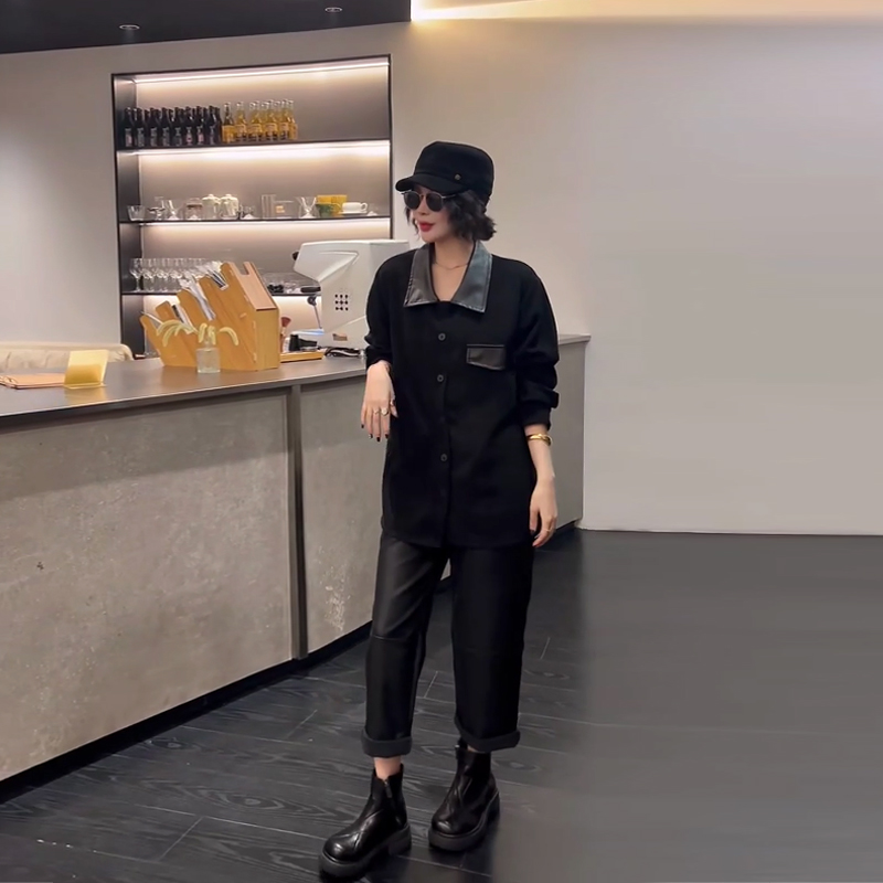 大码拼皮翻领长袖上衣