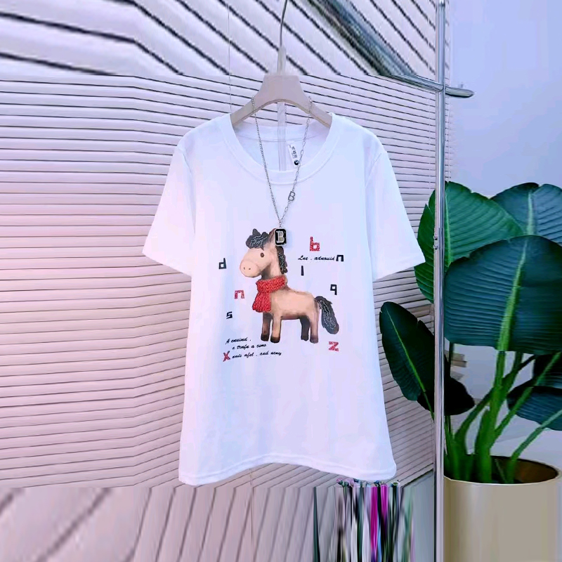 大码女装圆领卡通图案短袖T恤衫